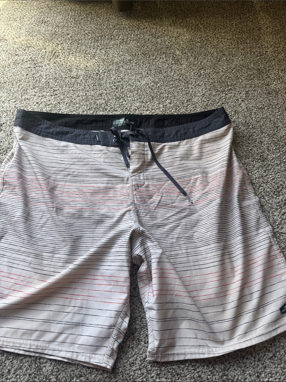 O'Neill Men's Light Gray Striped Board Shorts with Navy Waistband